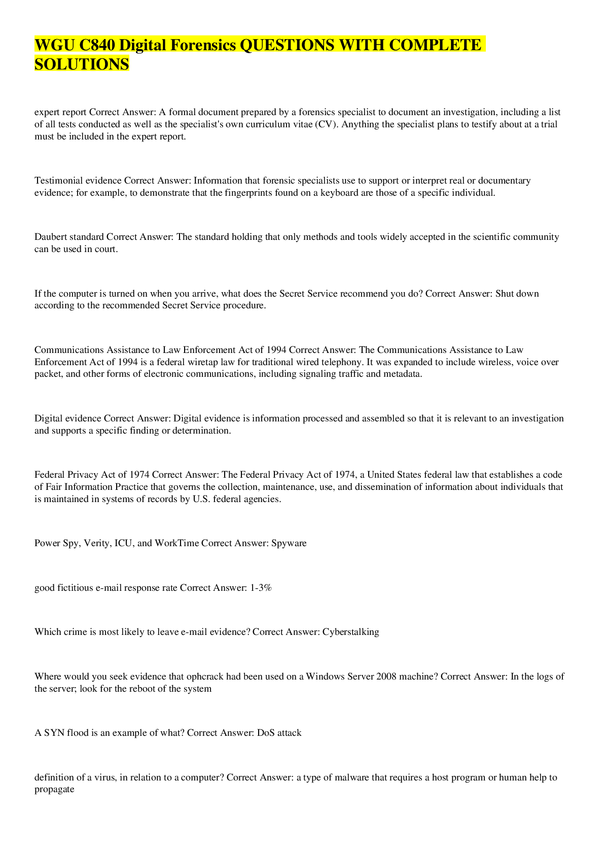 WGU C840 Digital Forensics QUESTIONS WITH COMPLETE SOLUTIONS Browsegrades